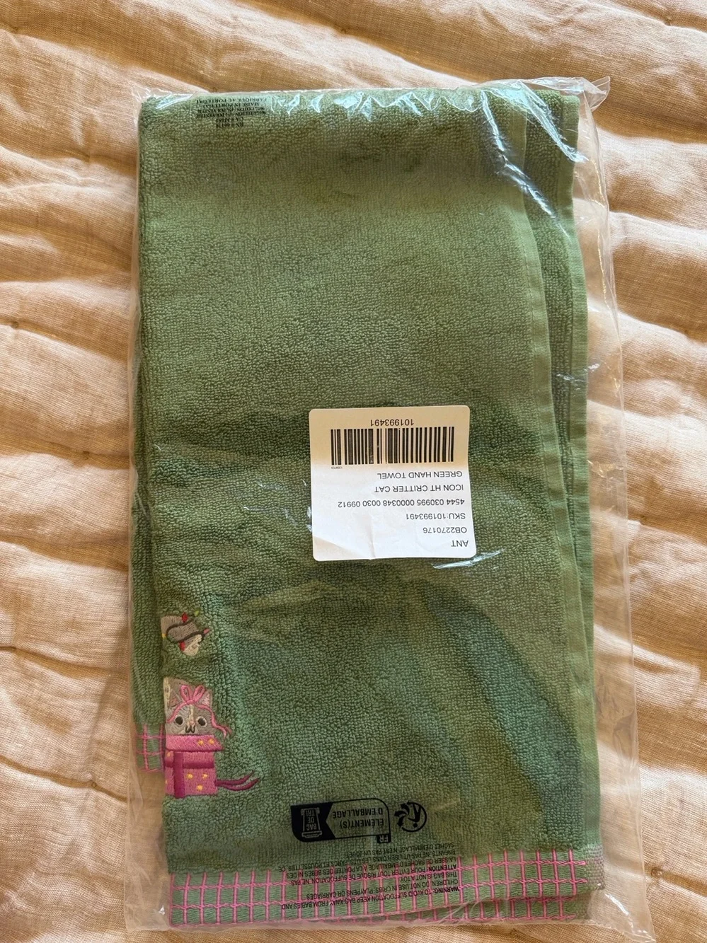 Anthropologie Green Embroidered Hand Towel with Pink Accent